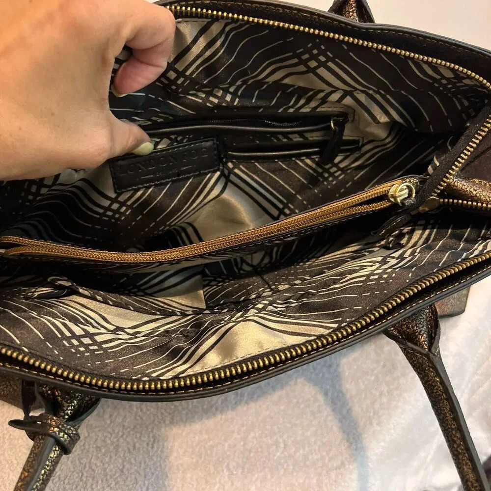 London Fog Tote Metallic Brown Leather Satchel Handbag Zip Double Handle Large - Picture 13 of 16